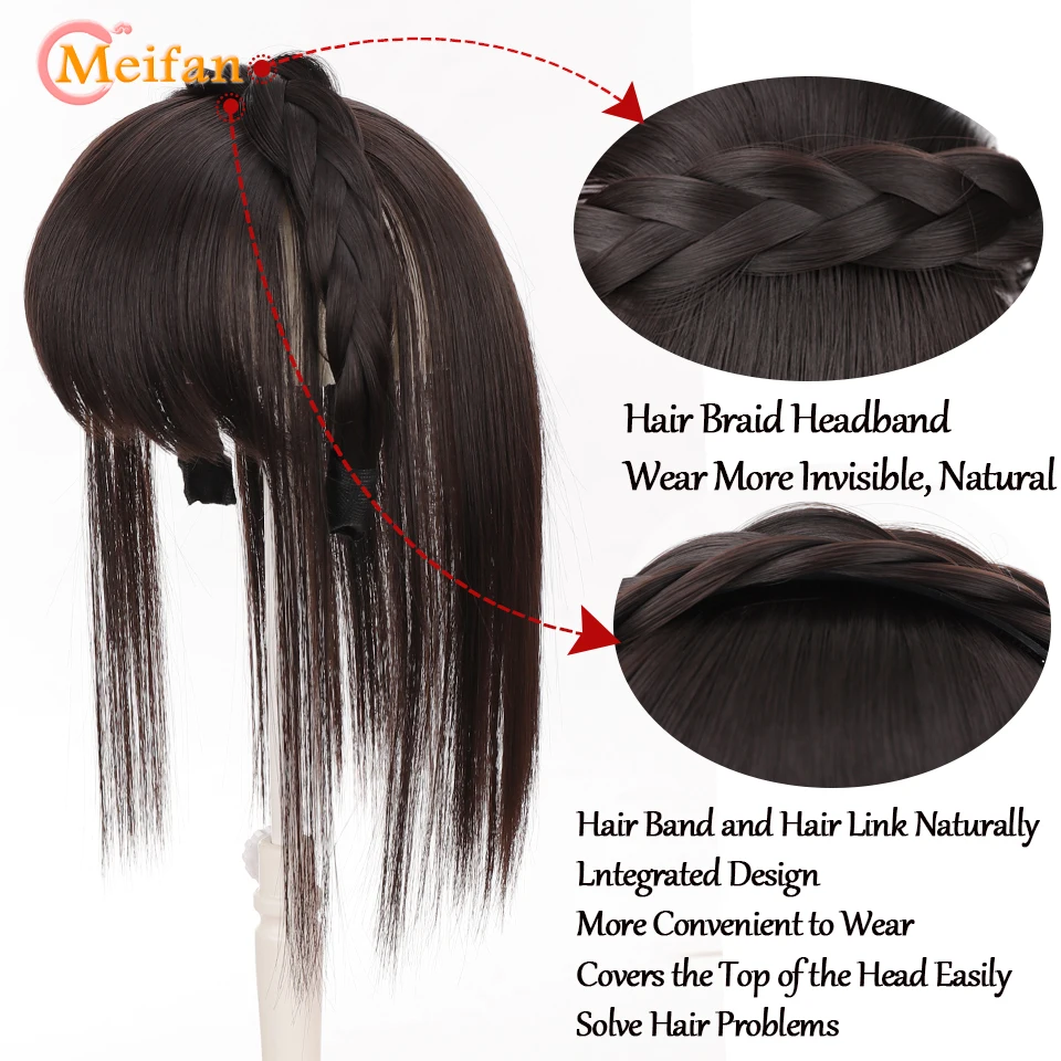 MEIFAN Synthetic Topper Hairpiece With Braids Headband Bangs Fringe Bands Heat Resistant Bangs Clip in Hair Extensions Hairpiece