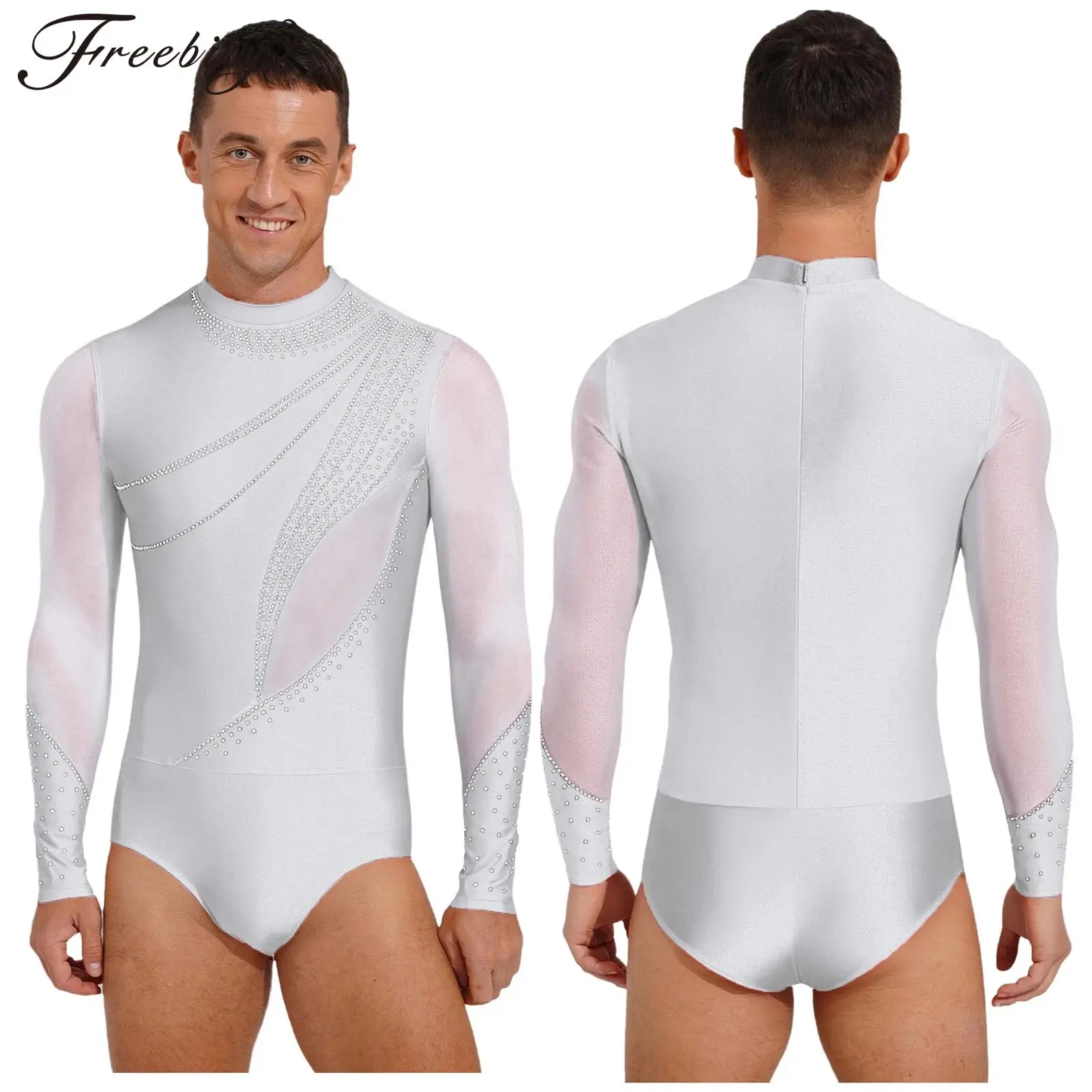 Mes Figure Skating Performance Costume Long Sleeve Shiny Rhinestone Mesh Latin Dance Ballroom Tango Gymnastics Ballet Bodysuit