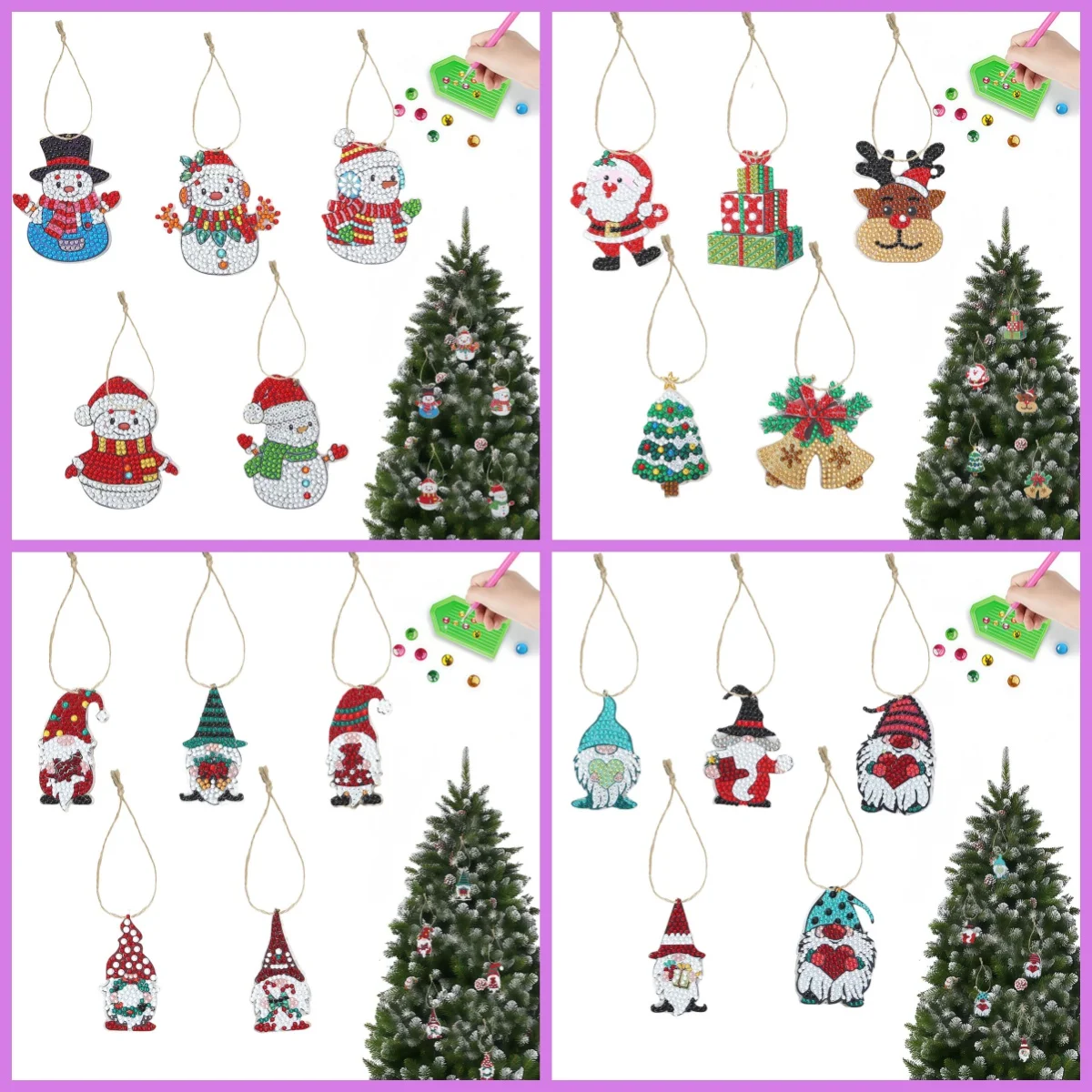 5-Piece Diamond Painting set, lanyard Pendant, Santa Claus Snowman pattern, acrylic material, Christmas tree wood Pendant use
