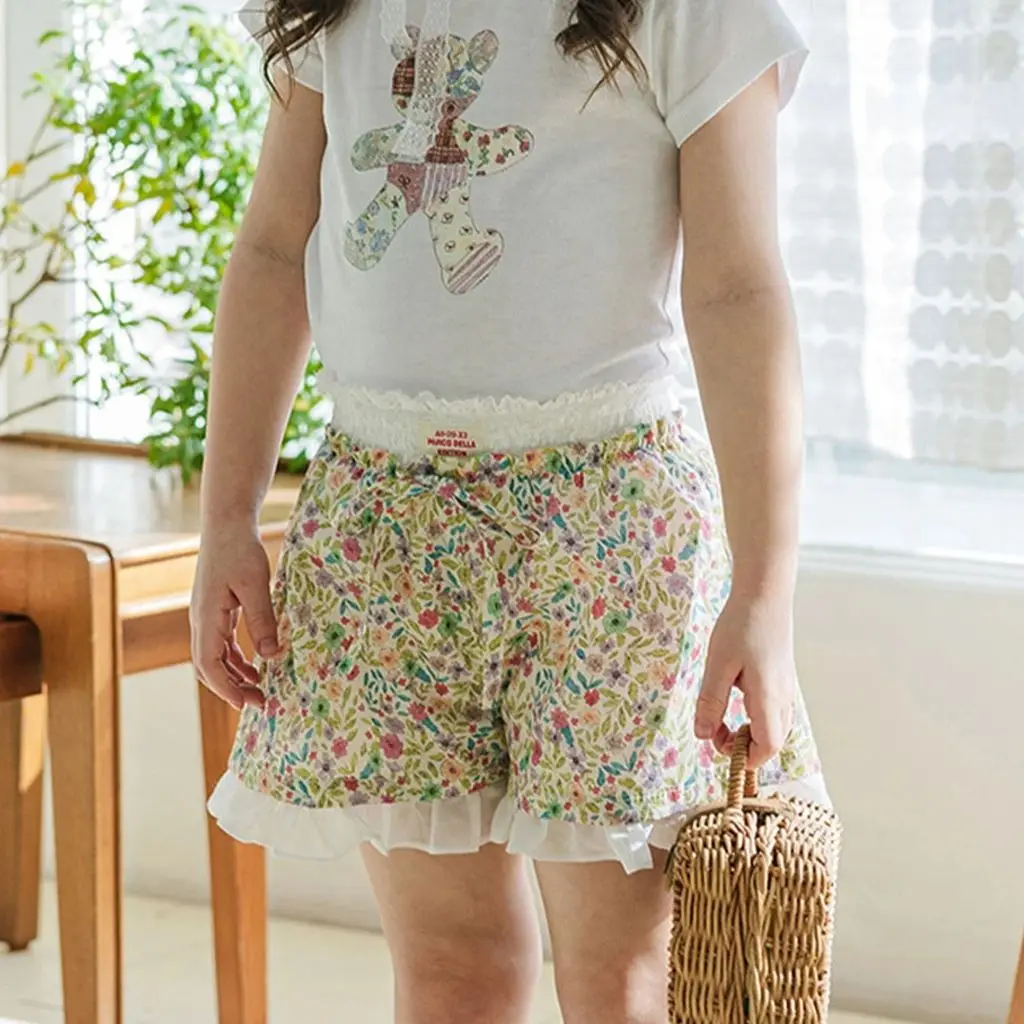 

Summer 2026 Girls Cotton Lace Trim Floral Plaid A-Line Short Pants Children's Casual Trousers for Girls