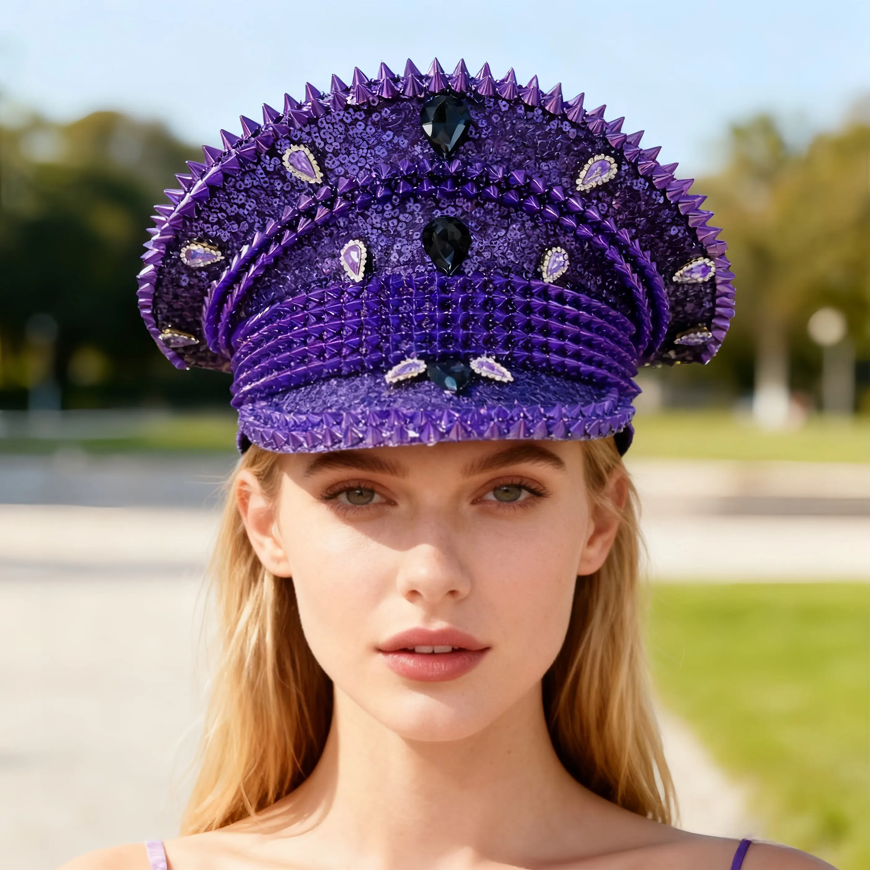 

HongLuan Yellow Laser Leather Loop Captain Hat Rhinestone & Military Caps for Woman, Rave Festivals Accessories ＆ Party Cap Man