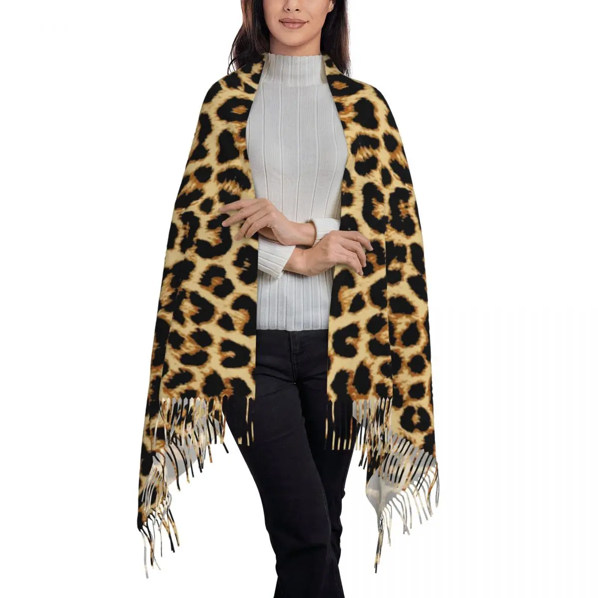 Bufanda con textura de piel de leopardo personalizada para mujer, chal largo de invierno cálido con borla, bufandas de animales salvajes tropicales Unisex