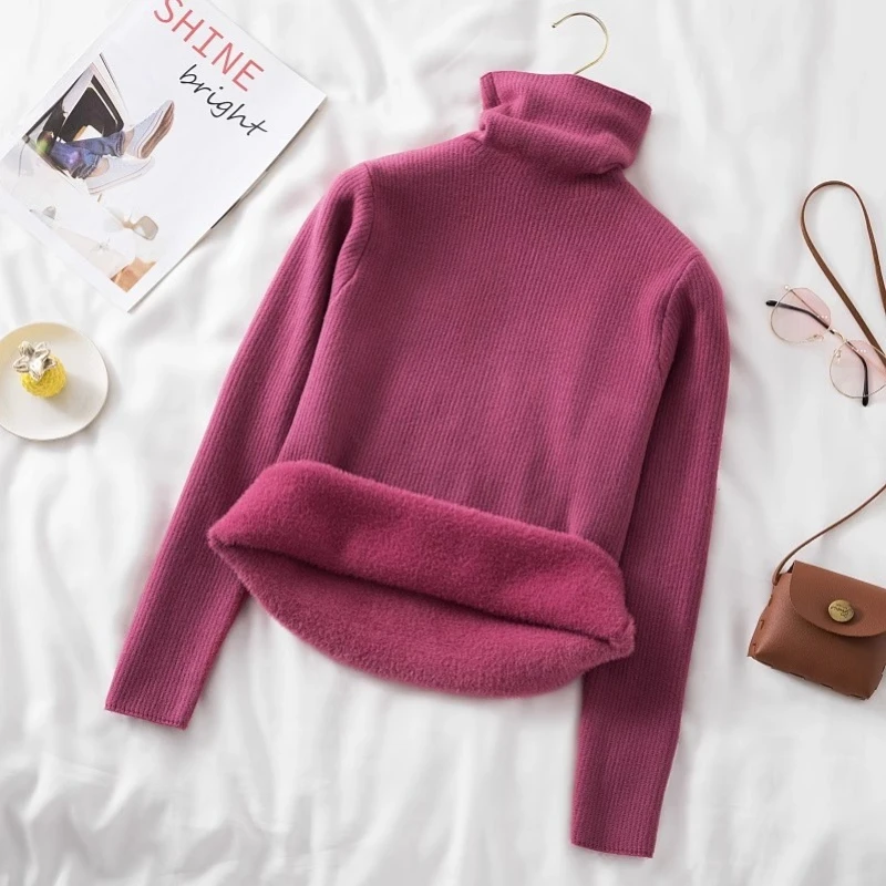 2023 Winter Plus Thick Velvet knit Sweater Bottoming shirt Velvet lining Warm Pullover Sweater female Fashion Thick Sweater image 4