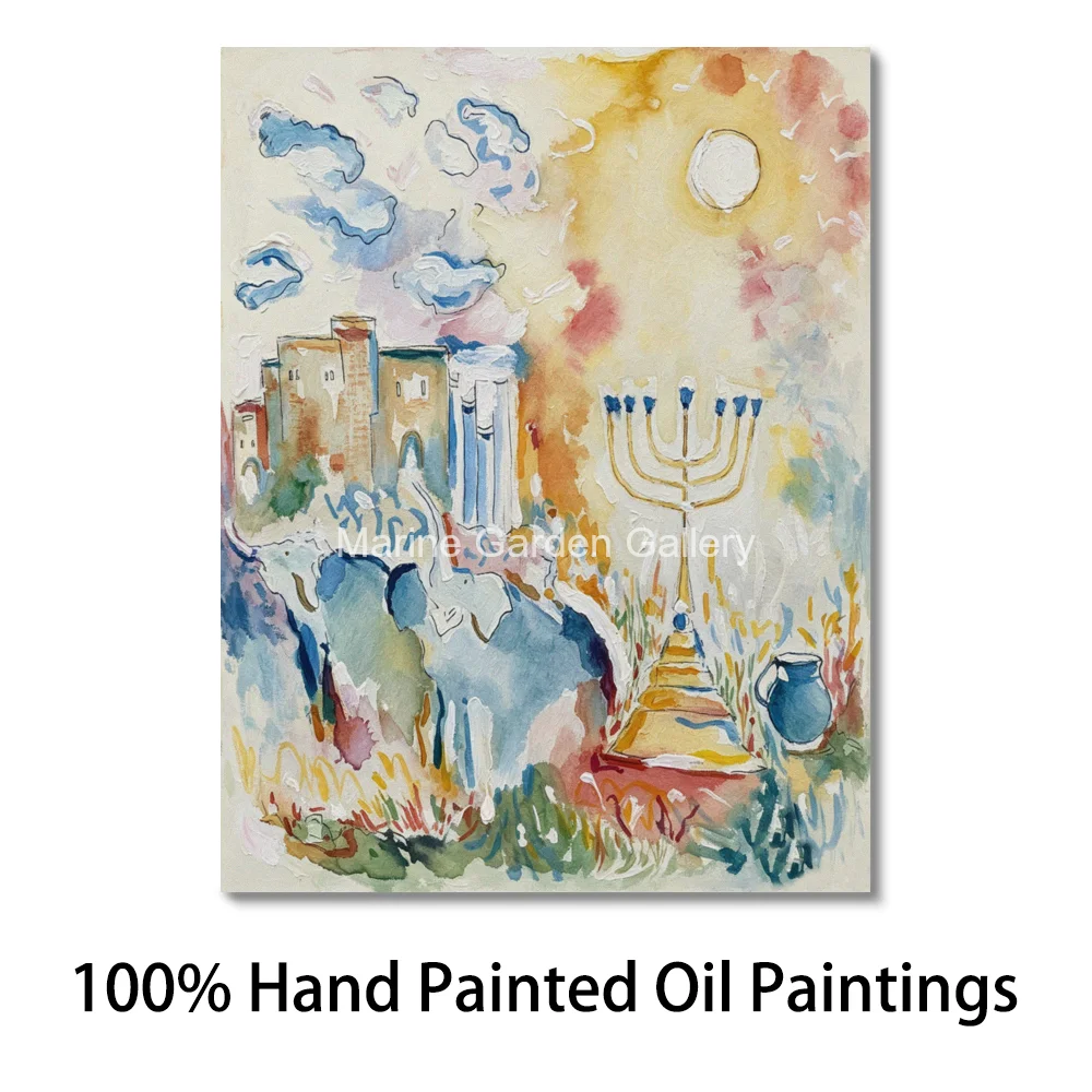 Peinture de Ménorah juive peinte à la main, Vieille Ville de Jérusalem, Art moderne sur toile pour la décoration murale de salle à manger Judaica, Cadeau de Hanouka