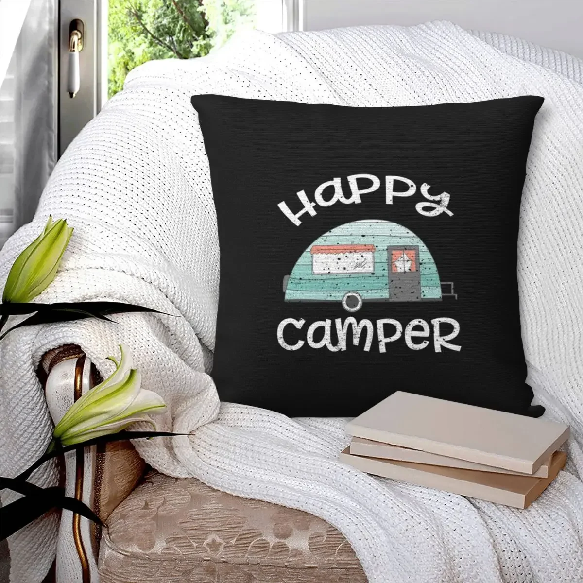 Happy Camper Retro Trailer RV Caravan Camping Pillowcase Pillows Cover Cushion Comfort Throw Pillow Sofa Decorative Cushions