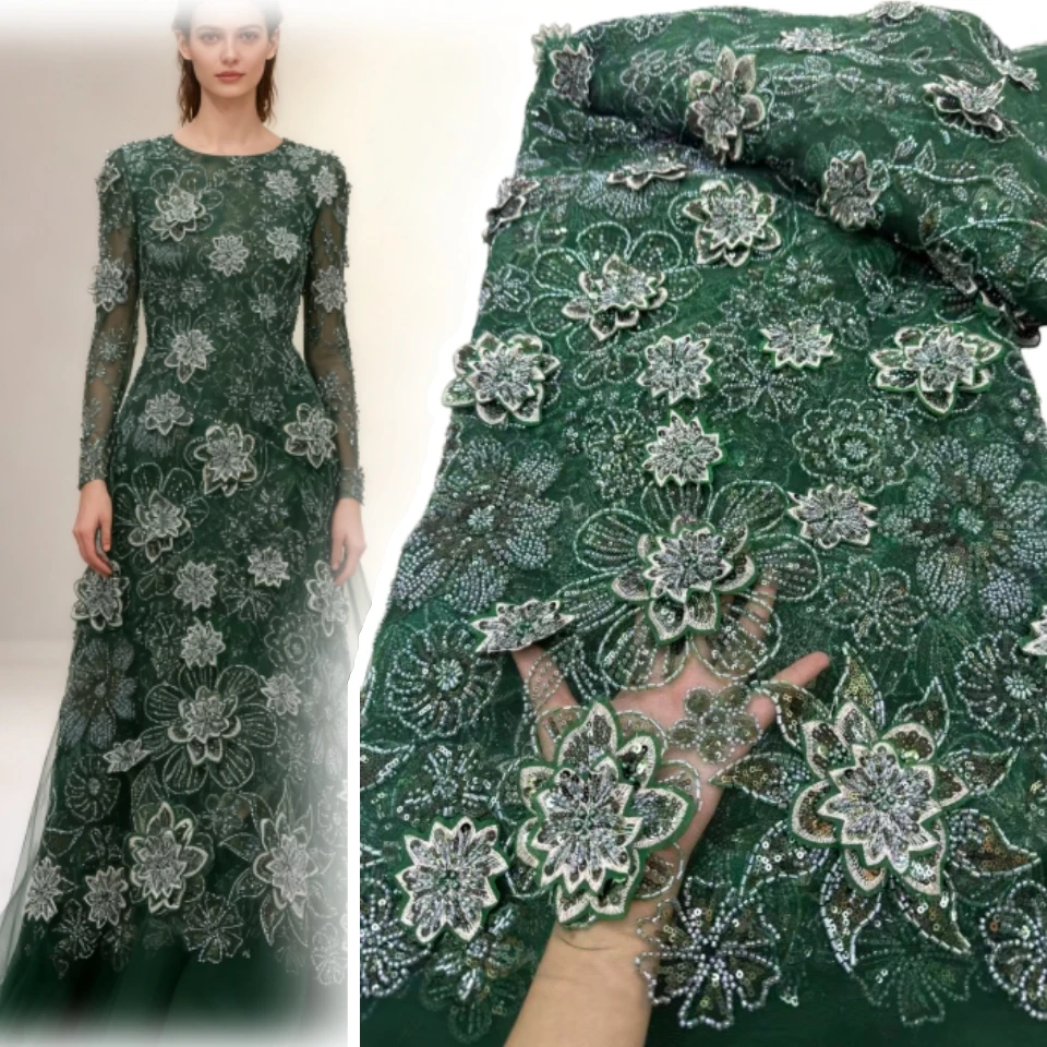 

Luxury 3D Beads Lace African 2025 High Quality 5 Yards Handmade Beads Sequins Fabric Nigeria for Evening Party Dress SZ1800