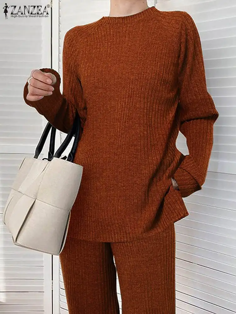 Zanzea-Ensembles assortis de pantalons pour femmes, chemisier à manches longues, survêtement monochrome décontracté, mode automne et hiver, 2024