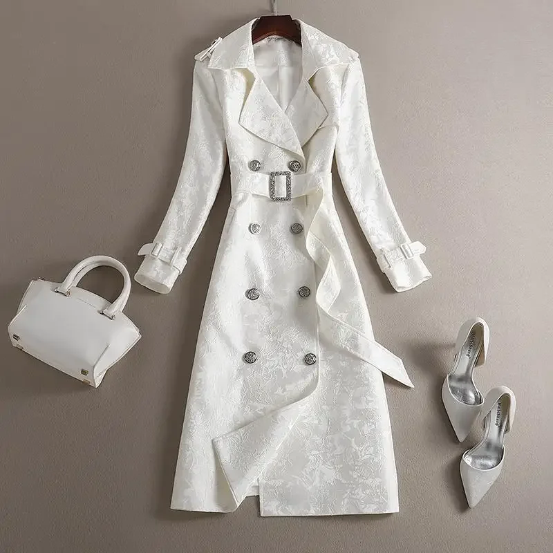 Long Windbreaker 2024 Spring New Lapel Fashion White Black Jacquard Lace-up Trench Coat Women