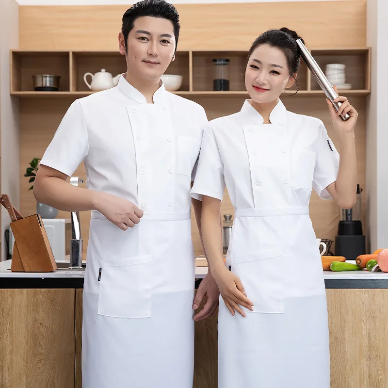 Chef Overalls Short Sleeve Thin Breathable Summer Hotel Dining School Canteen Pure White Double Breasted Kitchen Clothes Short S