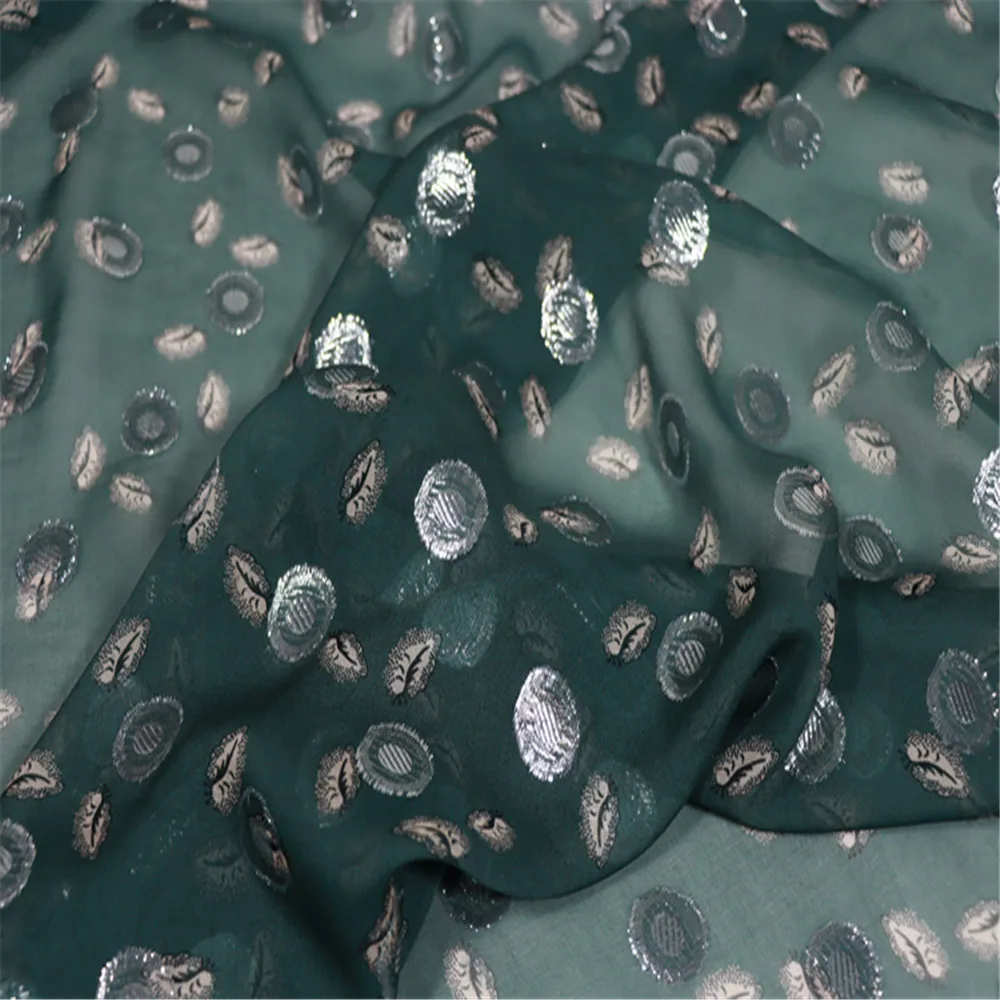 Environmental Charming Dark Greem Hot Sale Silk Metallic Fabric Lurex Silver Dots Leaves for Men Women Shirt Trousers Scarves