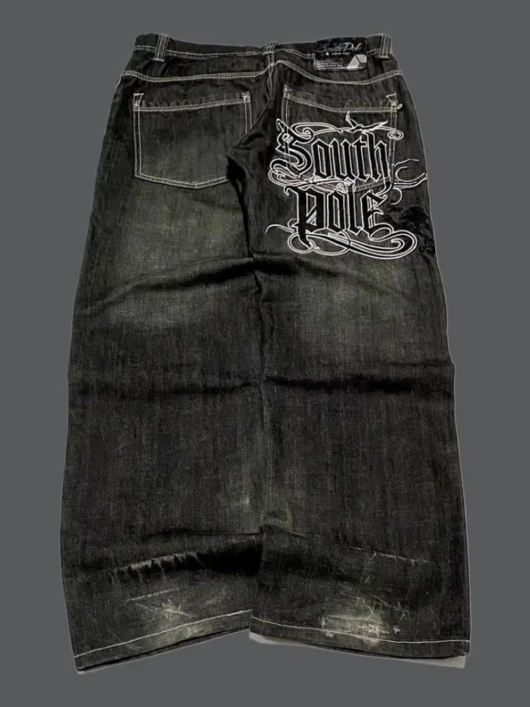 Deeptown Y2k Black Letter Print Women Man Jeans Harajuku Hip Hop Wide Leg American Vintage Denim Pants Baggy Casual Streetwear