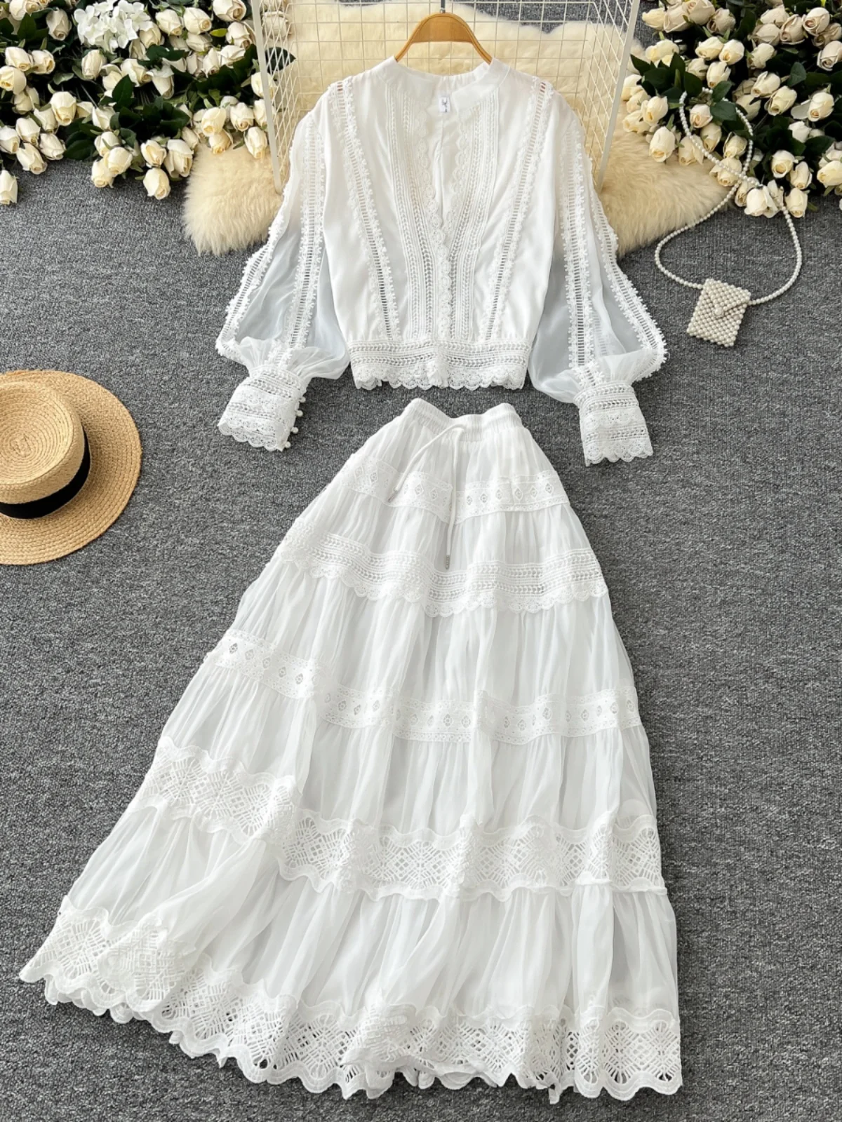 

Ele Lace Splice Lantern Sve irt And High Waist Slimming f Skirt Set V Ne Faionable plus Size Women's Ensemble