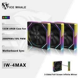 ICE Whale 4MAX ARGB CPU Cooler Ventilador Fan 3-Sided Full Screen Infinite Mirror Motherboard Sync 2000RPM PWM 120mm PC Case Fan