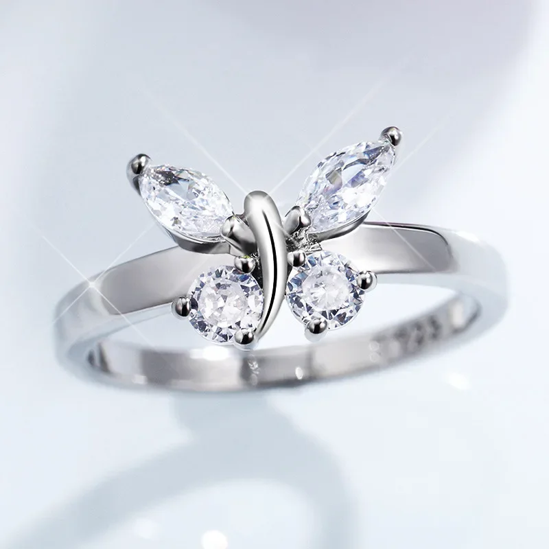 New Design Shiny 5a Zircon Butterfly Wedding 925 Stamp Silver Color Ring for Women Romantic CZ Rings Party Fashion Jewelry