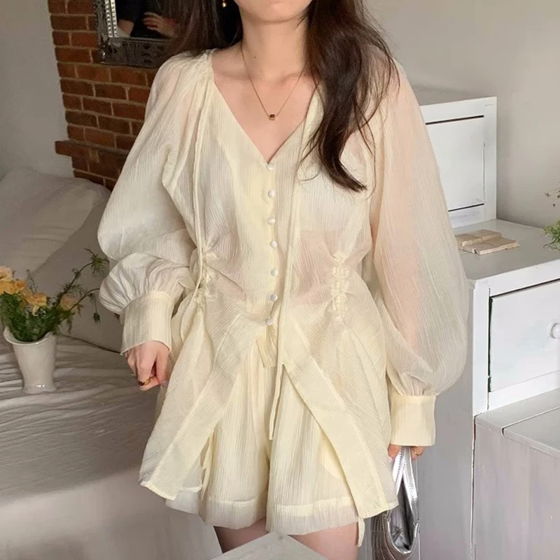 

Chic Vintage V-ne Long Sve irt Wide Leg ort Pants Set with Dstring Gauze for Young Women 8-25 Years Old Cotton