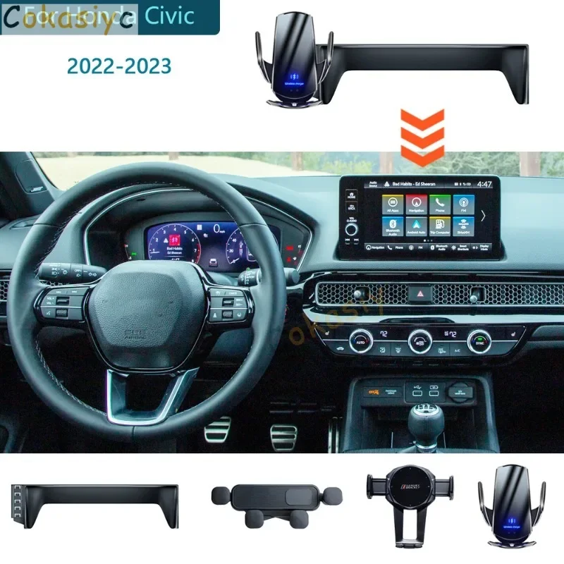 

For Honda Civic 2022 2023 11th Gen Car Phone Holder Screen Fixed Navigation Bracket 15W Wireless Charging Car Accessories