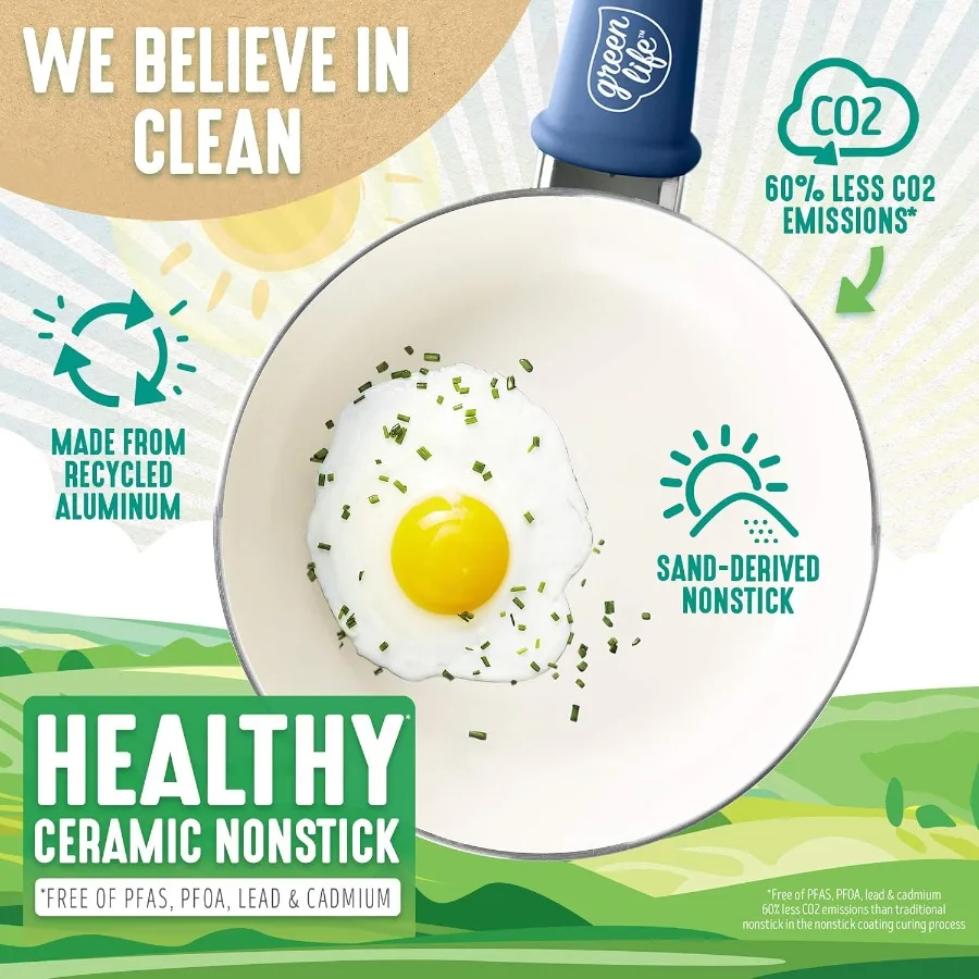 Мягкая ручка, здоровая керамика с антипригарным покрытием, набор посуды из 12 предметов для домашней кухни, покрытие без PFAS, легко чистится в посудомоечной машине Dura