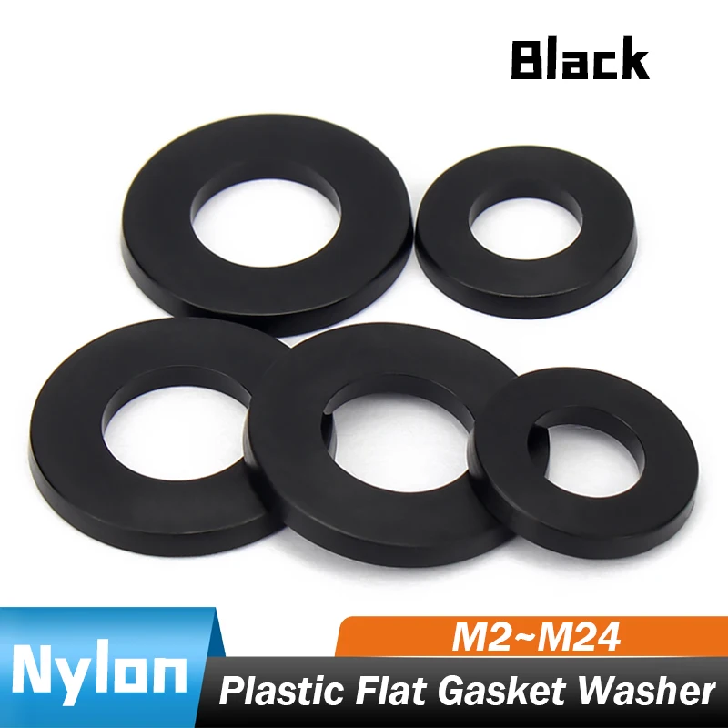 20~200Pcs Black Nylon Gasket Plastic Flat Gasket Washer M2~M20 Insulation Screw Round High Temperature Resistant Plastic Washer