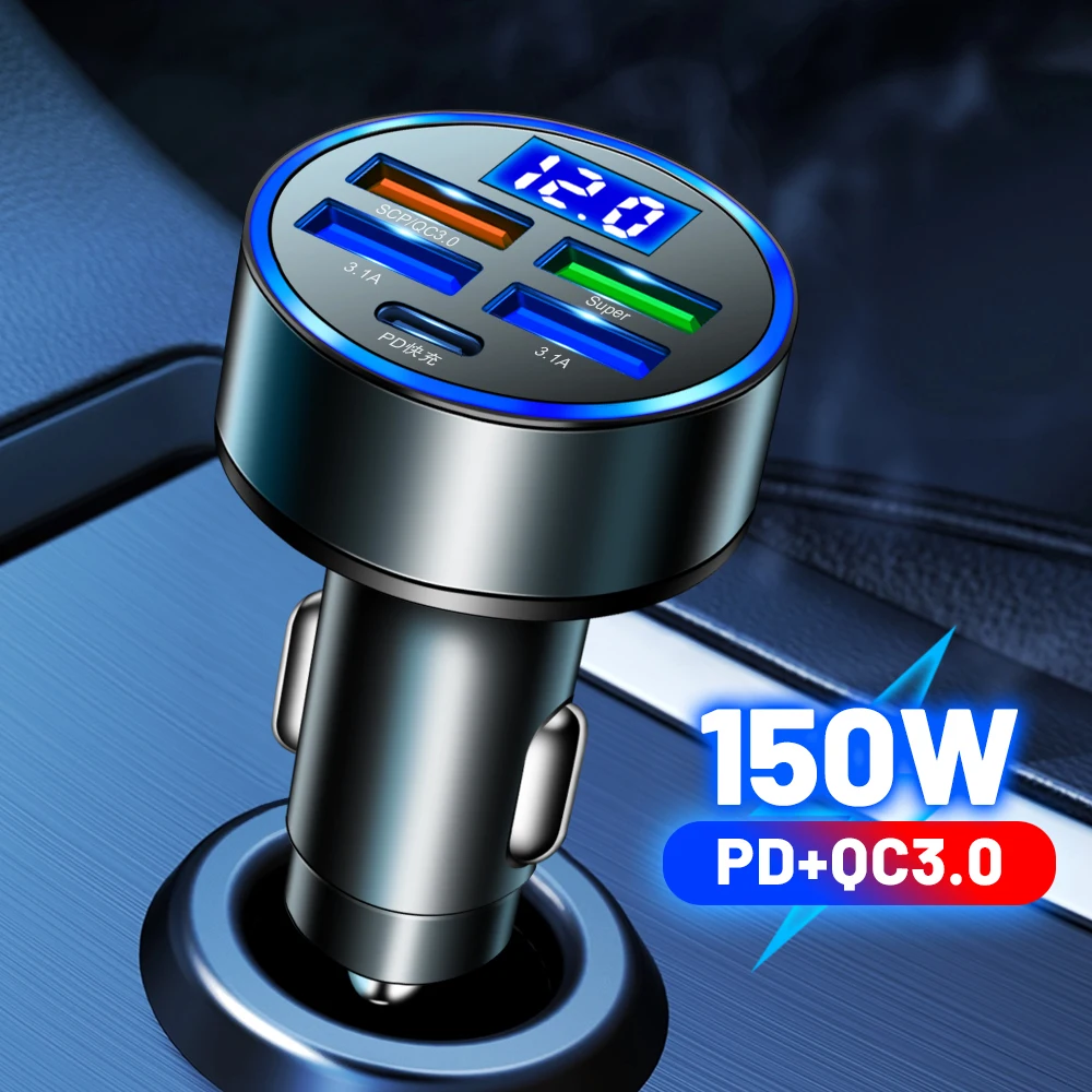 5 Ports USB Car Charger PD QC3.0 USB-C Fast Charging Car Phone Adapter For iPhone Samsung Huawei Xiaomi 12-24V LED Display