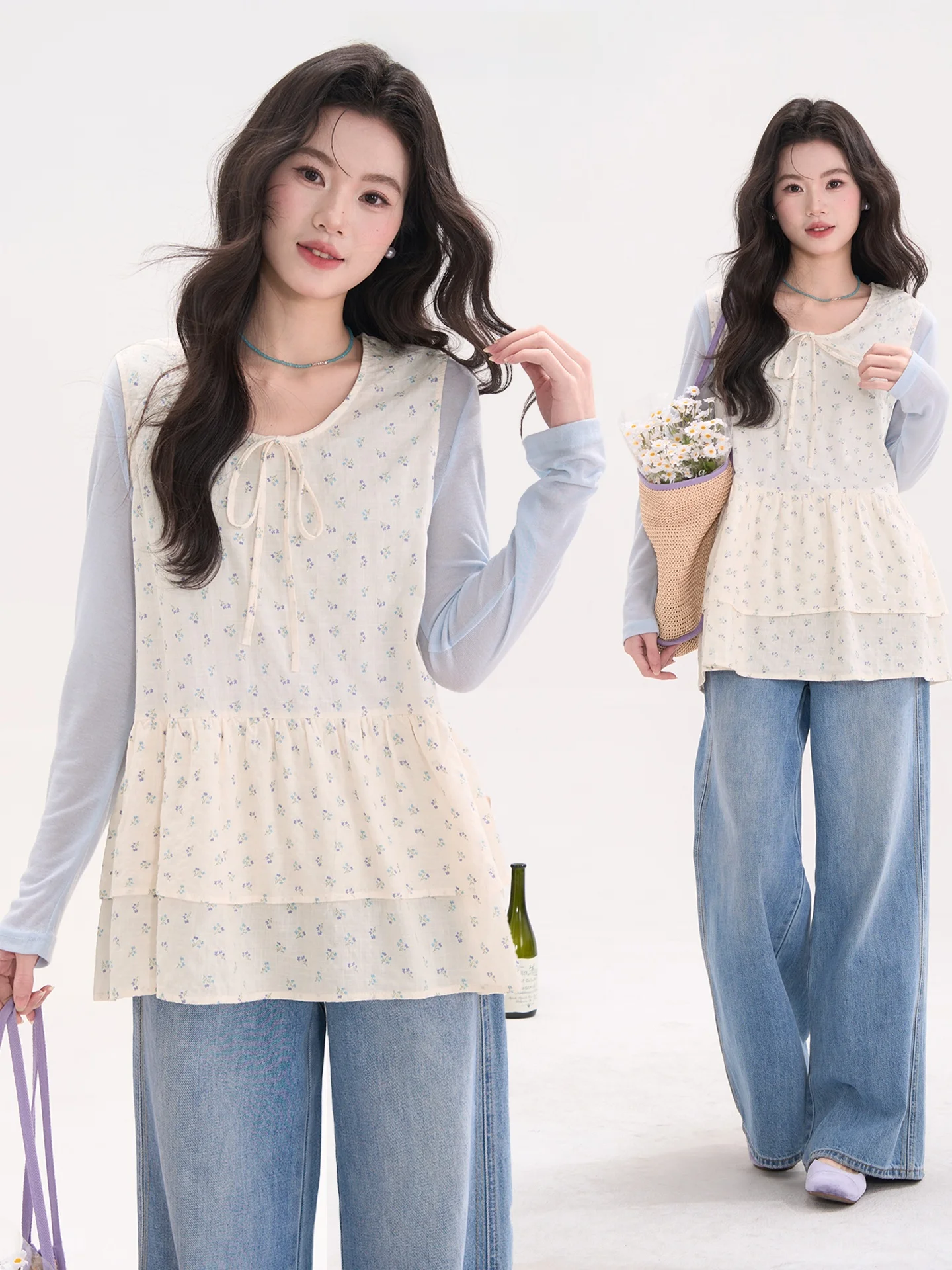 

Sweet Floral Tie Waist Vest Top for Women Cotton Blend Comfortable Loose Fit Layering irt Spring Faion Floral Print