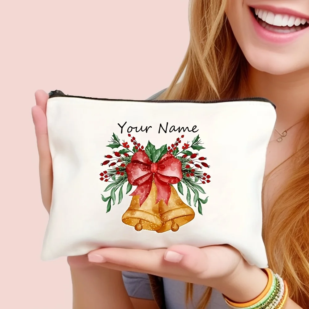 Custom Name Watercolor Christmas Golden Bells Red Bow Holly Berries Personalized Cosmetic Bag Portable Travel Makeup Pouch