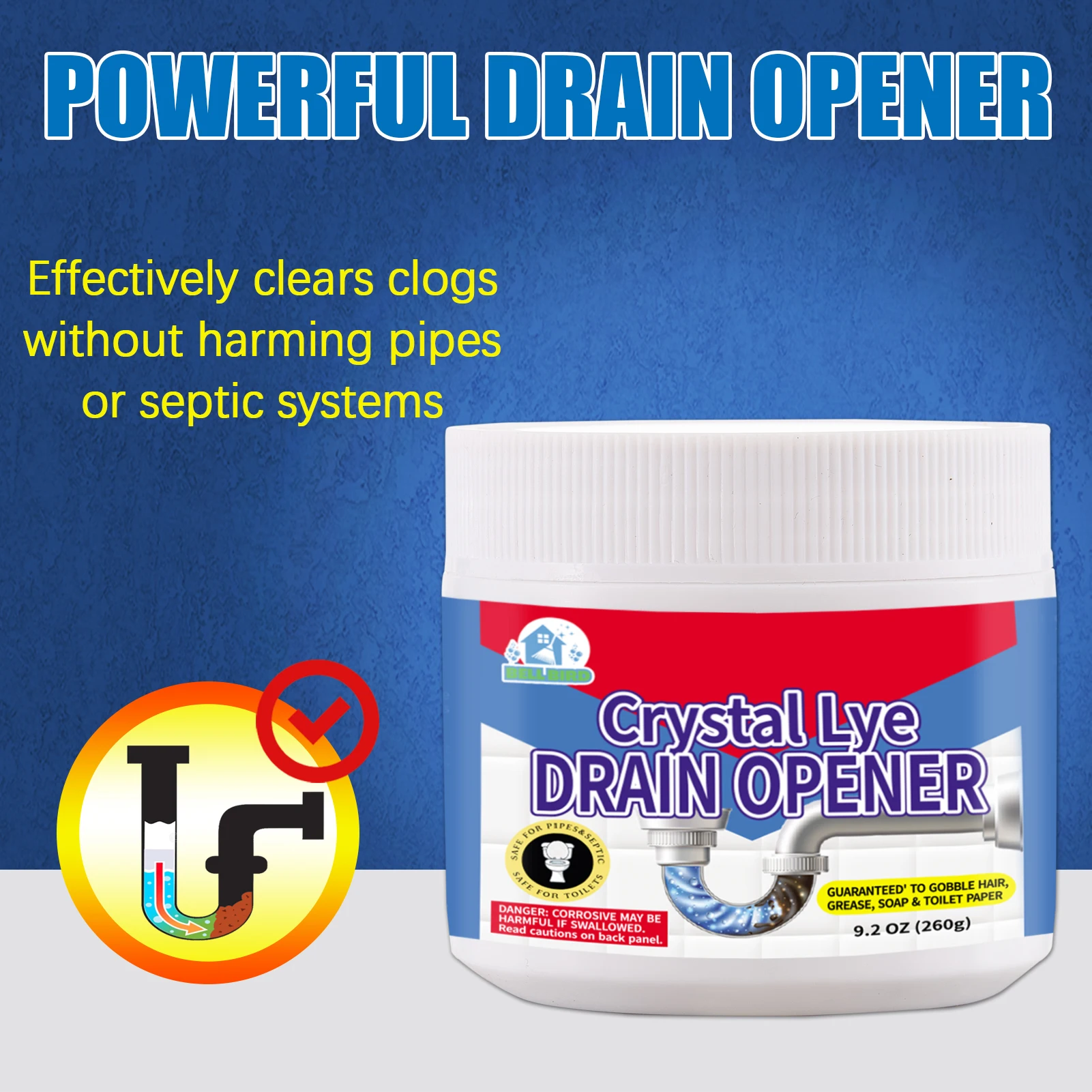 BELL BIRD Crystal Lye Drain Opener,Lye Sodium Hydroxide,Unclogs Bathroom and Kitchen Sinks,Drains,Shower Pipes