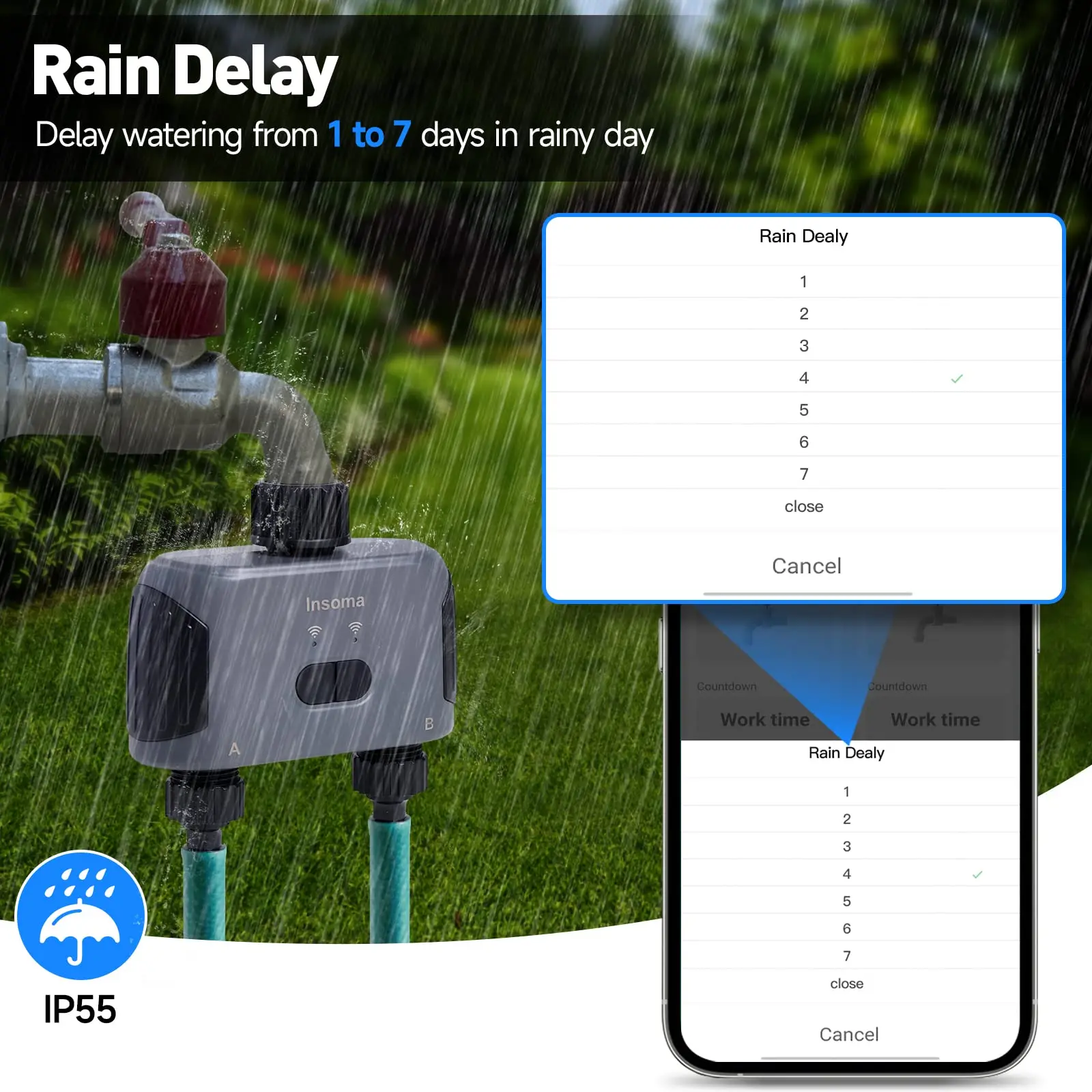 Temporizador de agua automático Insoma con tubo Wifi, sistema de riego de jardín de 2 salidas, herramientas programadoras de aspersores compatibles