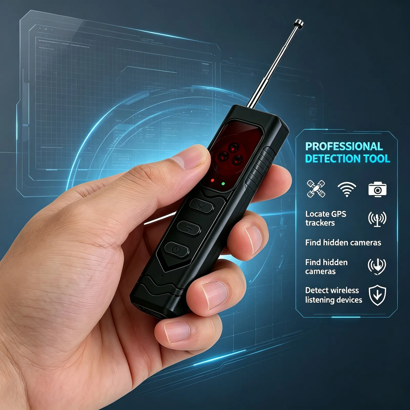 Newly upgraded radio wave scanning detector with ergonomic handheld design. Full-band high-sensitivity wireless signal detection. Anti-spying and anti-eavesdropping inspection device. Essential for safeguarding personal privacy at home, in hotels, and whi