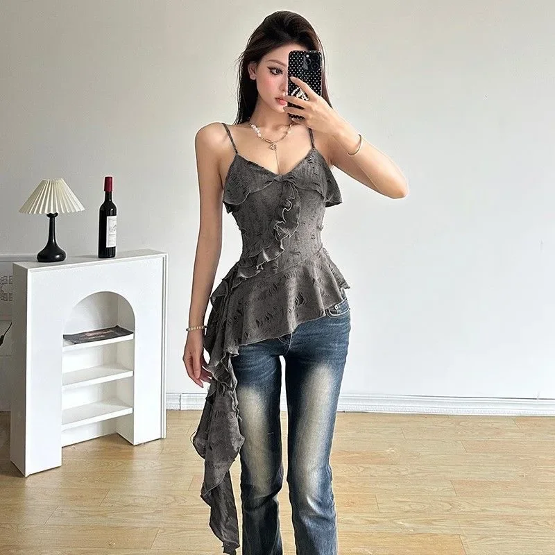 Mujeres Y2K Vintage coreano Casual Acubi Patchwork Irregular Gyaru con volantes camisetas sin mangas camisetas Gyaru Tops 2000s Alt ropa