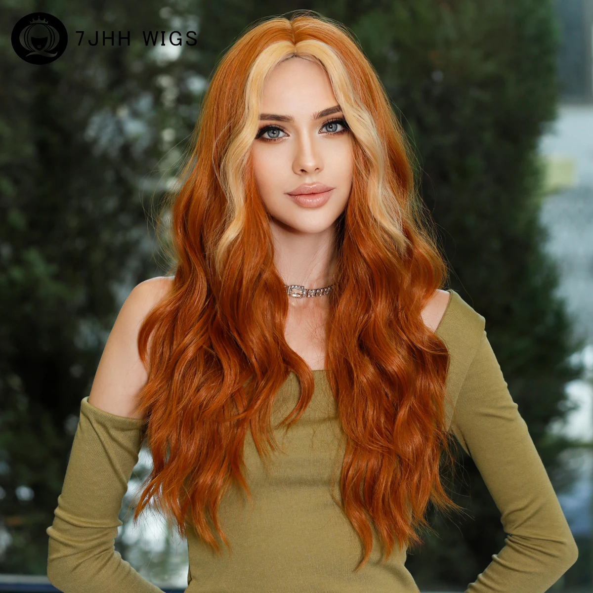 7JHH WIGS Bright Orange Long Wavy Women Wig Natural Synthetic Wigs with Bangs for Black Women Daily Party Cosplay Heat Resistant