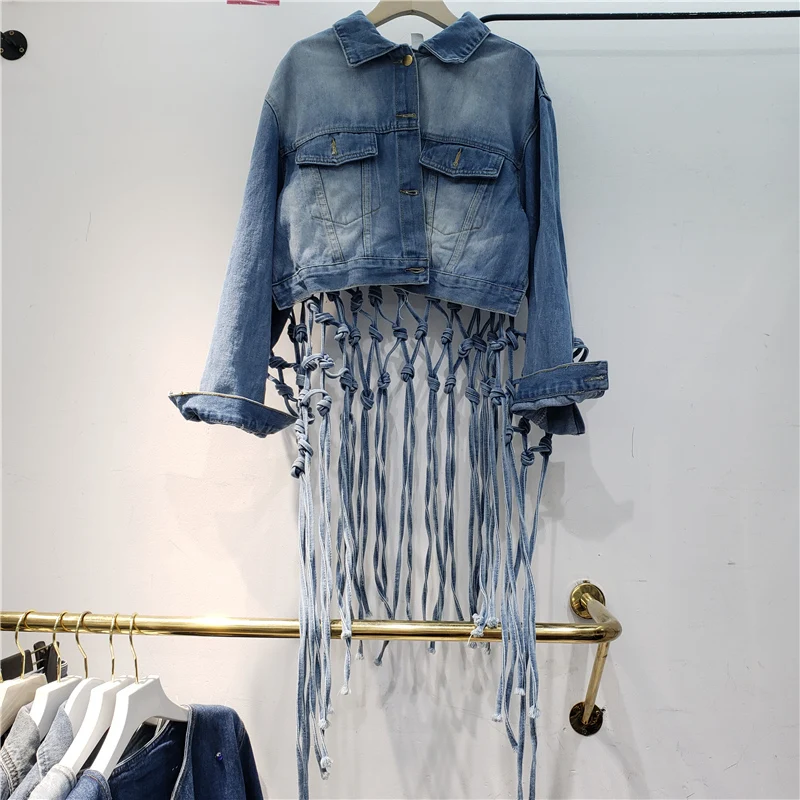 Spring Women Vintage Blue Short Denim Coat Back Cowboy Tassel Hollow Out Design Loose Streetwear Lapel Long Sleeve Jeans Jacket