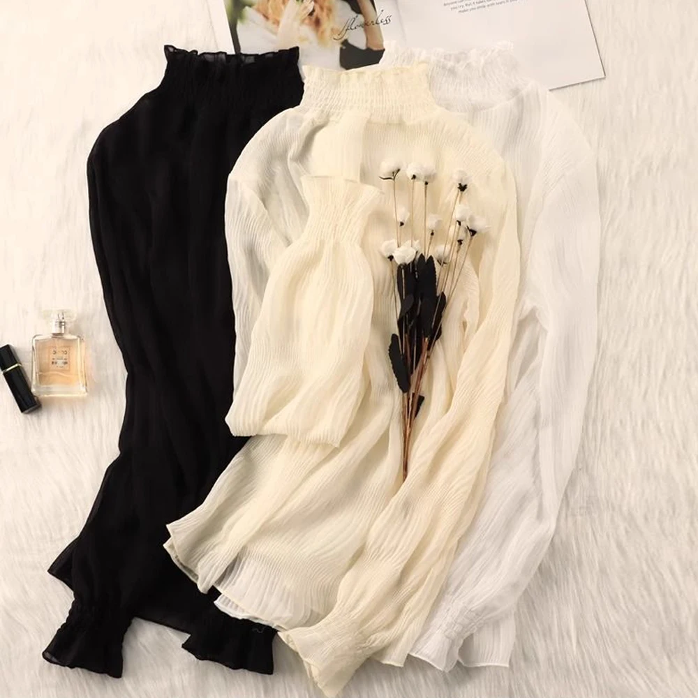 

Petal Collar Flare Sleeve Pleated T Shirt Women Sweet Chiffon Blouse Shirts S-XXL Cuties Turtleneck Female Blouses Tops Girls