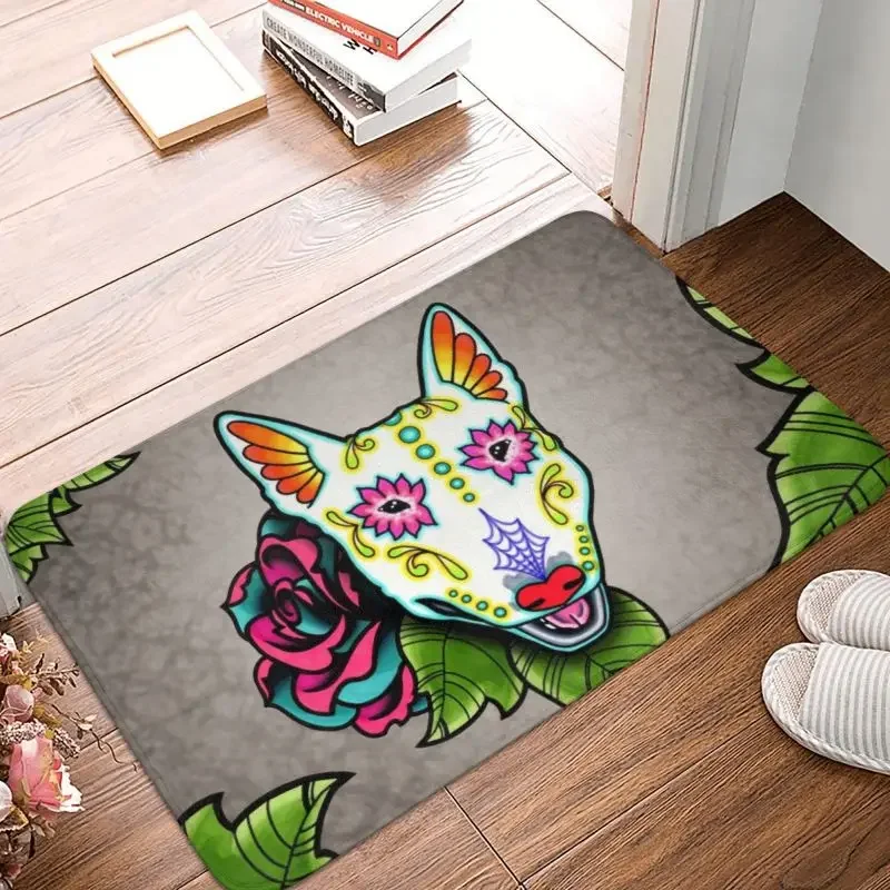 Day Of The Dead Bull Terrier Front Door Mat Anti-Slip Waterproof Sugar Skull Dog Doormat Kitchen Bedroom Entrance Carpet Rug