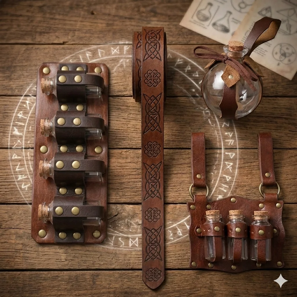 4pcs Renaissance Costume Accessories Magic Potion Bottle Medieval PU Leather Waist Belt for Halloween LARP Cosplay Costume Party