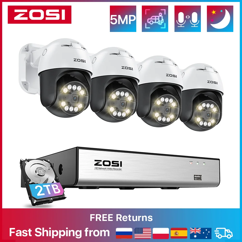 

ZOSI 5MP PTZ POE Camera System AI Human Detect 4K 8CH Expand 16CH NVR CCTV Set Outdoor Security Video Surveillance Kit