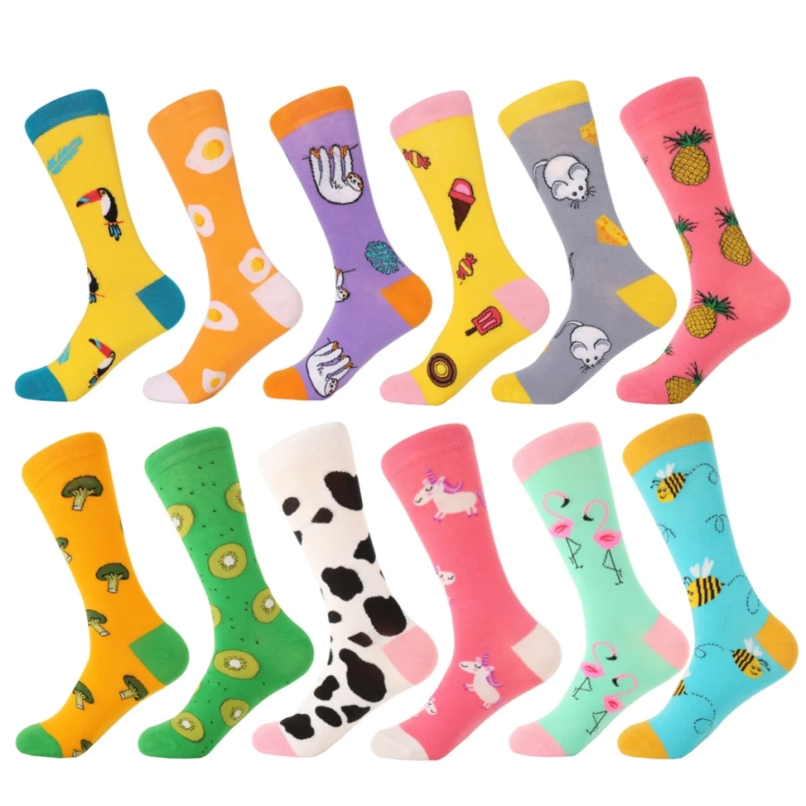 

MYORED12pairs men socks cotton funny crew socks cartoon animal fruit dog women socks novelty gift socks for spring autumn winter