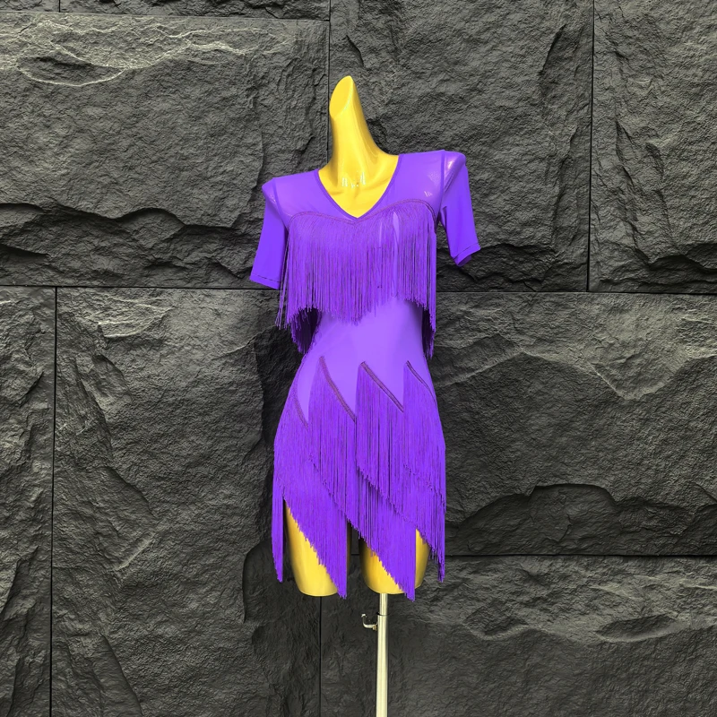 

Latin Dance Dress Women's New Samba Short Sleeves Tassel Practice Dress V-neck Cha Cha Dance Dress Performance Dance Dress