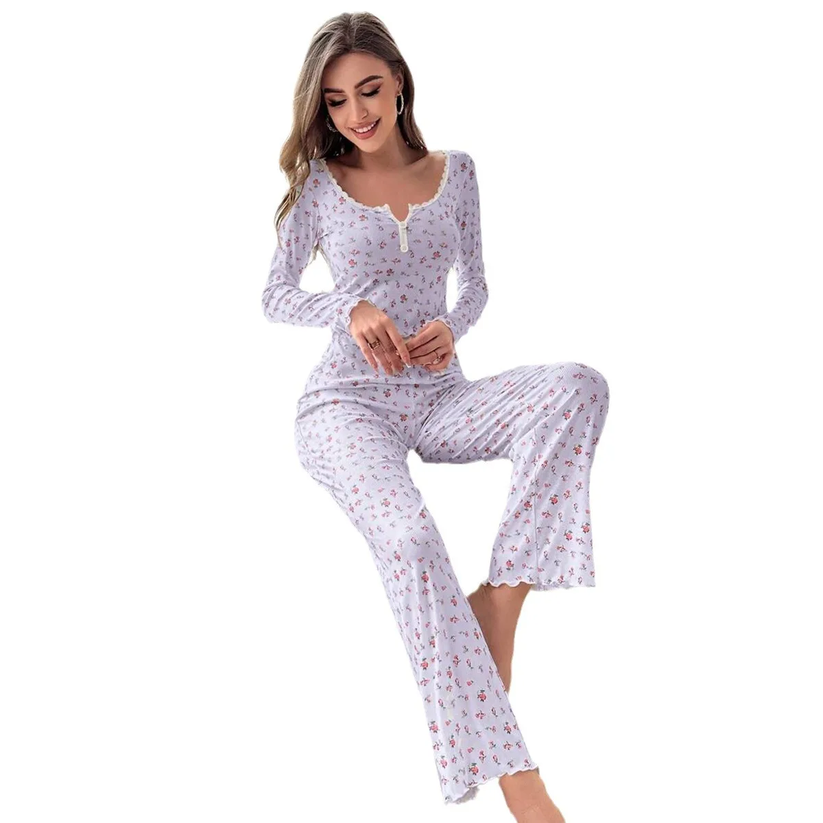 Ensemble de pyjama en dentelle à manches longues pour femmes, vêtements de nuit minces, vêtements de détente sexy, vêtements de nuit College floraux, pyjama