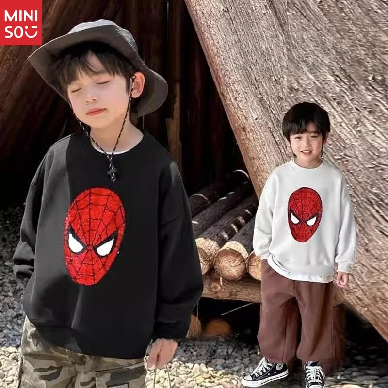 تي شيرت Miniso Boys Glitter Color Change Spider-Man Kids Winter، بأكمام طويلة من الصوف