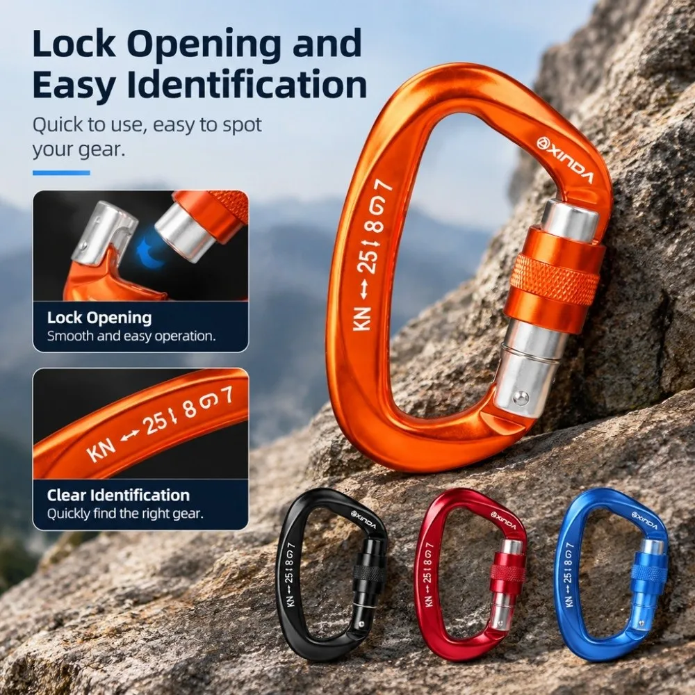 4KN/12KN/25KN Professional Safety Carabiner Aluminum Multicolors D Shape Key Hooks Climbing Security Lock