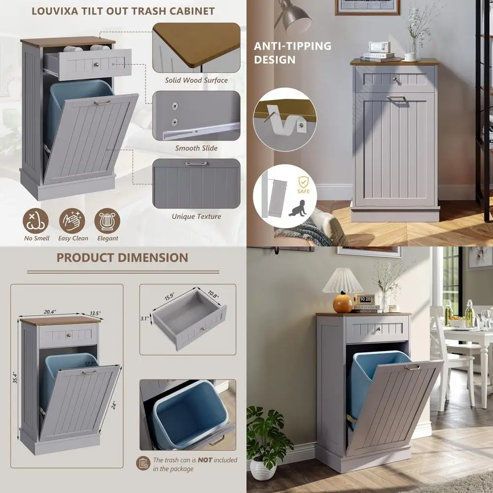 

Kitchen Island Trash Can Holder with Laundry Hamper, Gray