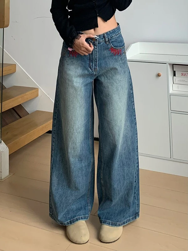 레트로 아메리칸 자수 나이프 와이드 레그 진 루즈핏 여성용 가을 겨울 스트레이트 컷 플로어 길이 낫바지