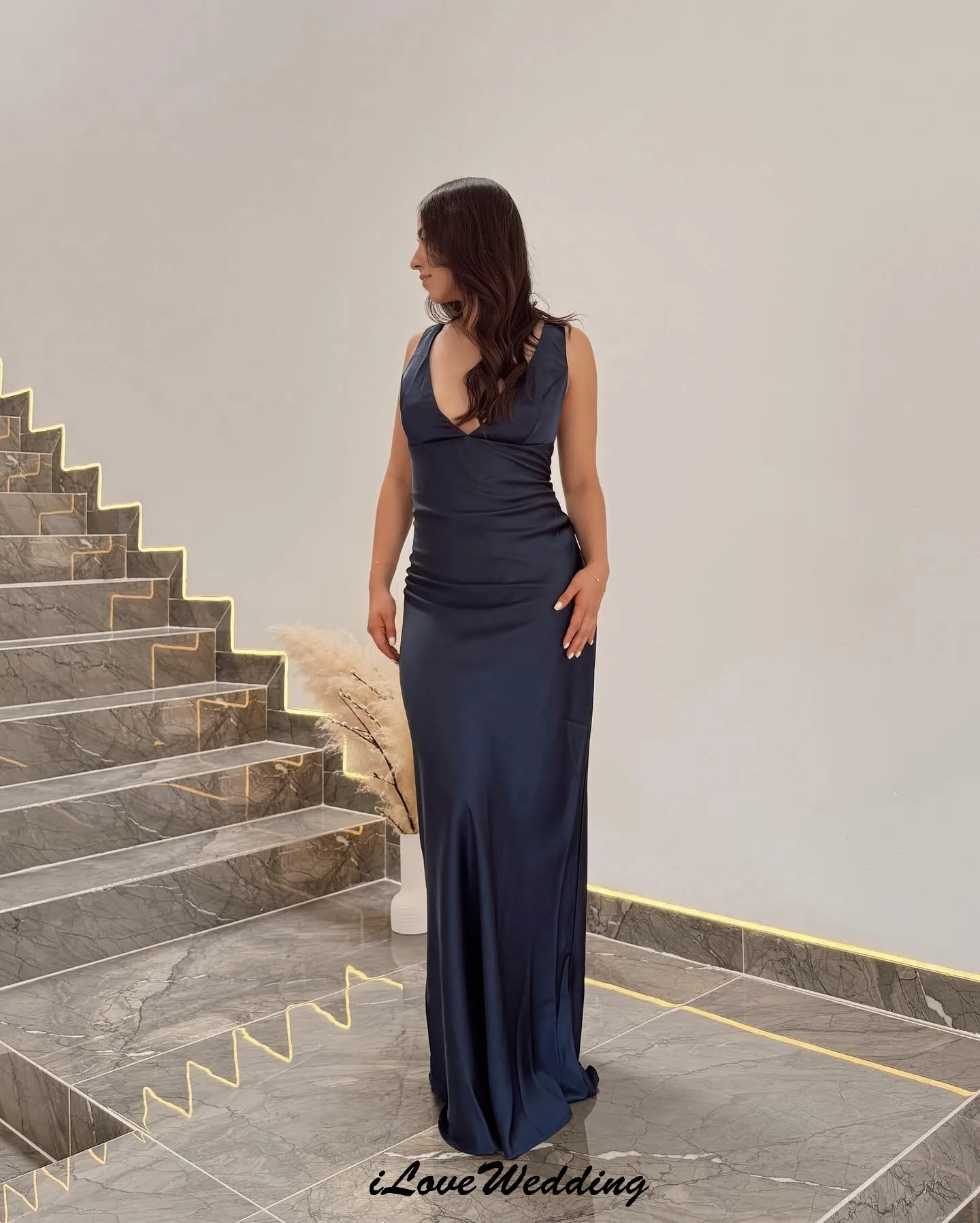 

Dark Bule V-Neck Sleeveless Bridesmaid Dresses 2025 Satin Backless Sexy Wedding Party Dress For Women Floor Length Customized