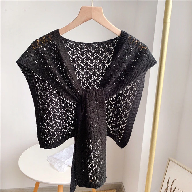 

Fashion Korean Knot Knitted Shawl Female Hollow Out Skirt Shirt Shawl Spring Autumn Shoulder Net Red Scarf Shawl Black