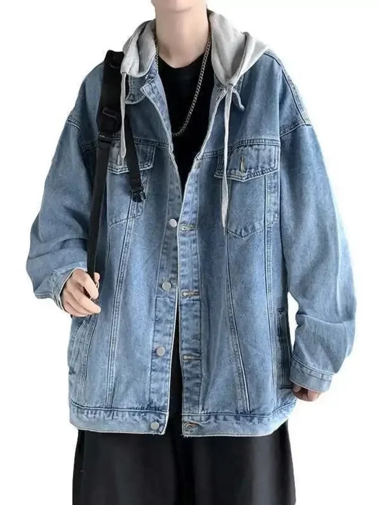 

Detachable Hooded Denim Jacket Men Loose Fit Hip Hop Streetwear Casual All-Match Casual Washed Lapel Spring Fall Jeans Coat