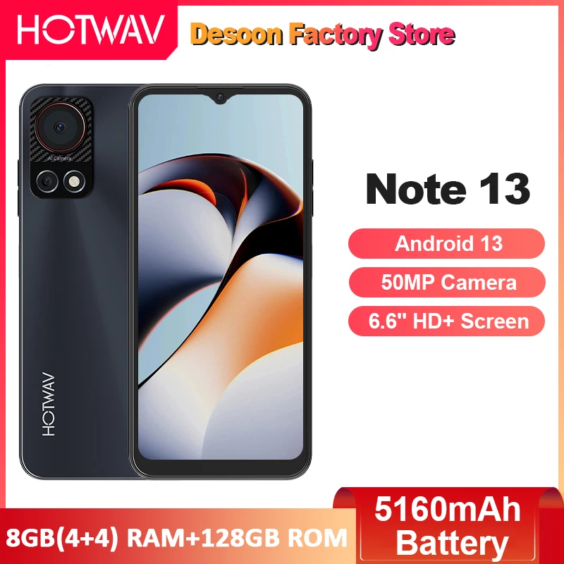 HOTWAV Note 13 Smartphone 6.6 ''HD + ekran 8GB + 128GB Android 13 5160mAh bateria 50MP aparat okta-rdzeniowy telefon komórkowy