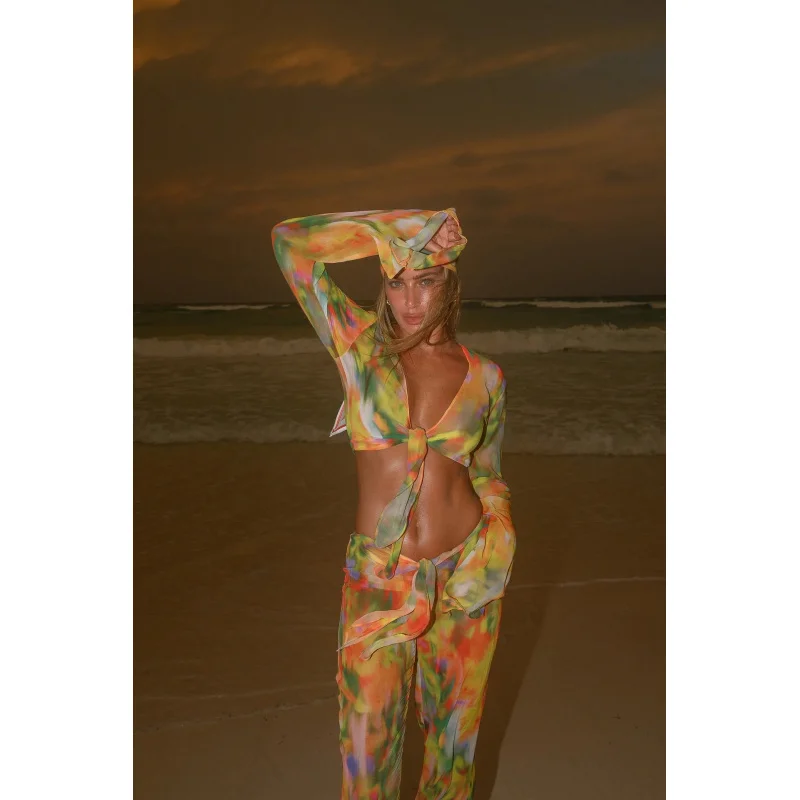 Tie-Dyed Printed Chiffon Beach Pants Suit, Striped, New, 2024