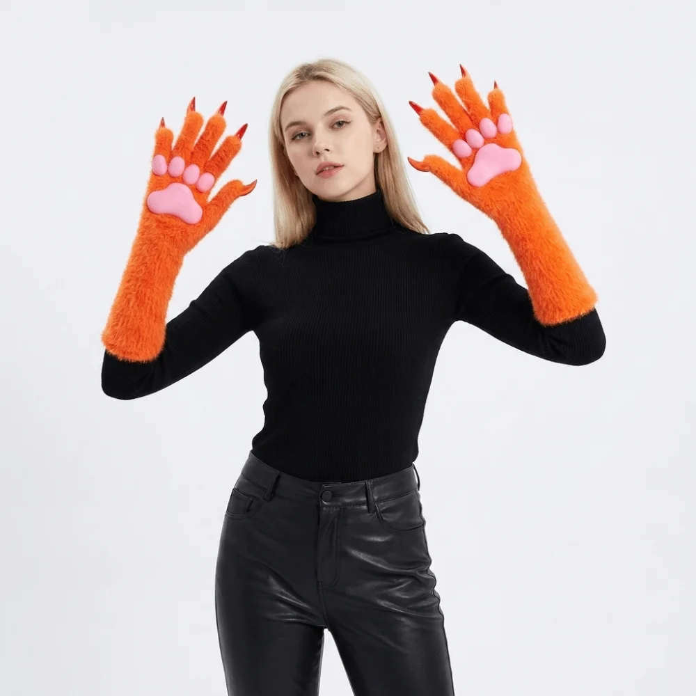 Funny Long Cat Claw Gloves Furry Silicone Paw Pads Animal Claw Hand Gloves Cosplay Costume Accessories Cute Plush Gloves Unisex