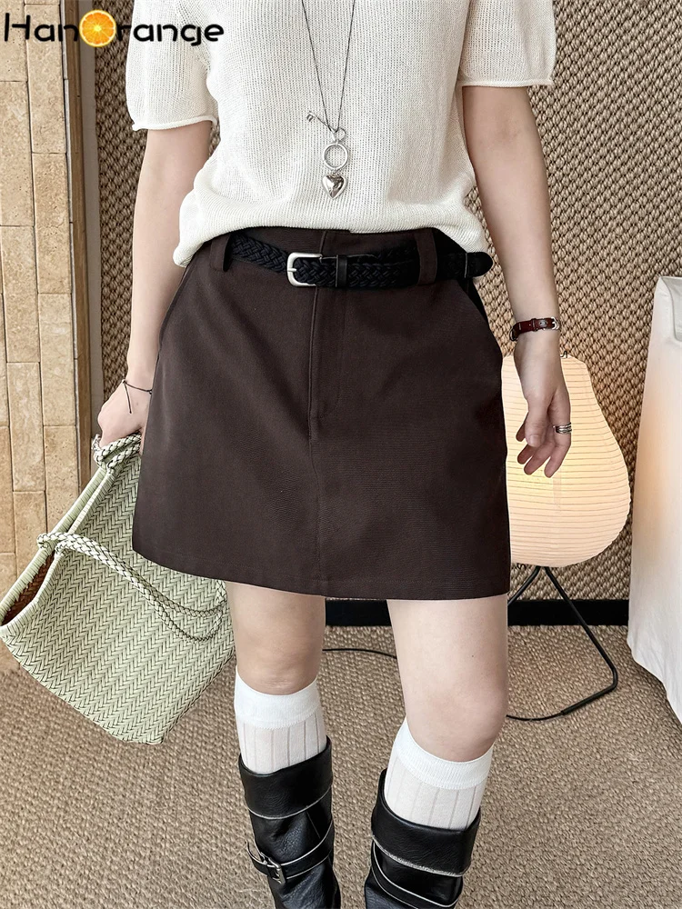 

HanOrange 2026 Summer Fashion Belted Skirt 100% Cotton Loose Straight Mini Skirt White/Khaki/Coffee