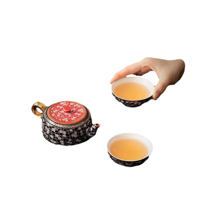 Goud en zilver verkeerd reistheeservies, draagbaar, één pot, twee kopjes, keramische expressbeker, hoogwaardige outdoor-kampeerset